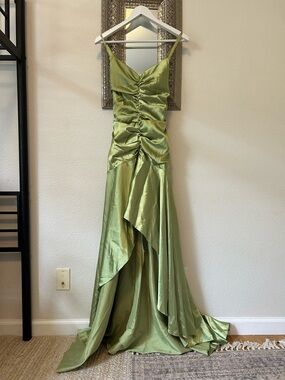 Olive Satin Ruched High-Low Evening Dress